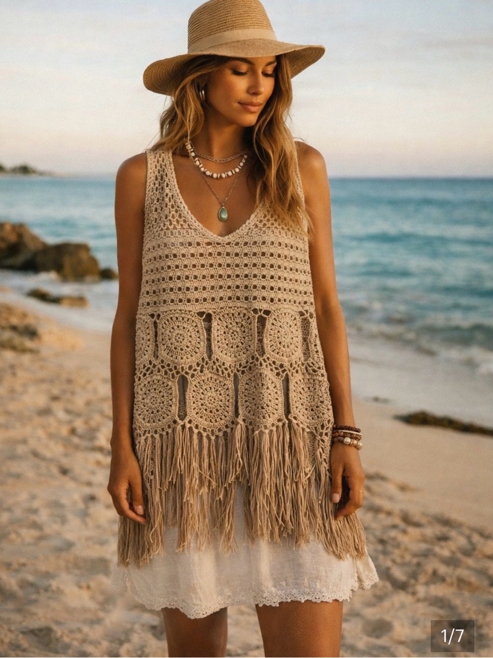 Venus Boho Crochet Fringe Beach Tank Top - Beige